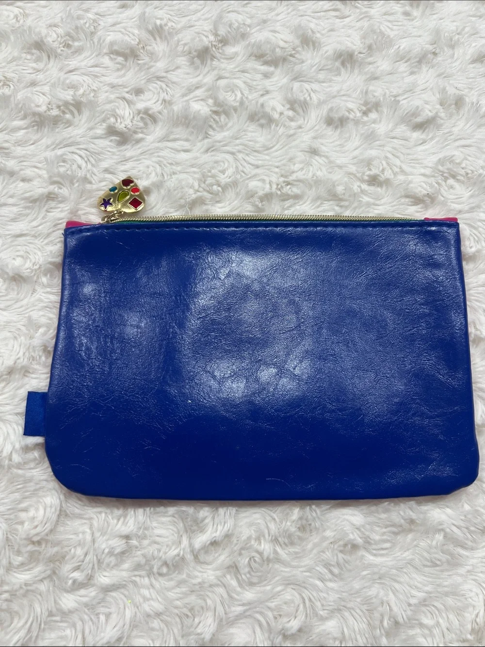 Bright Pink and Blue Cosmetic Pouch with Heart Charm Zipper Makeup Bag